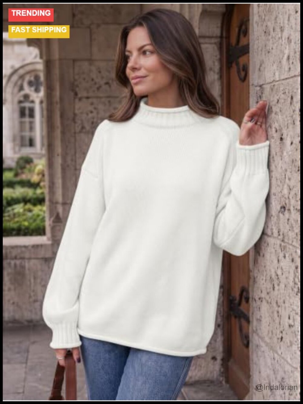 Oversized Mock Neck Knit Sweater Cotton Blend Pullover Fall - Picture 2 of 6